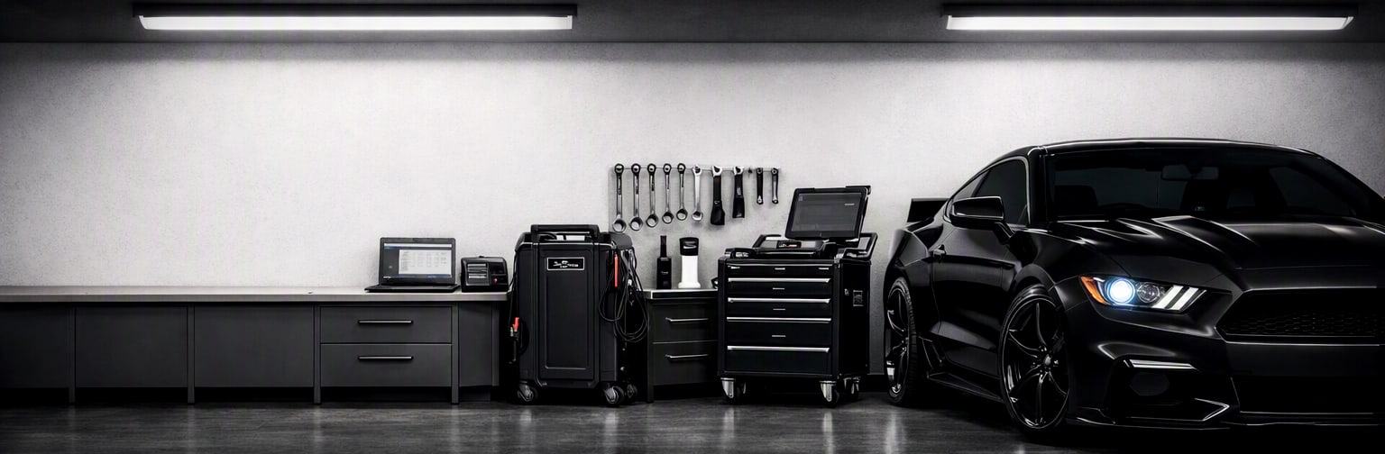 Garaje equipado con herramientas, equipo de diagnóstico y un coche deportivo